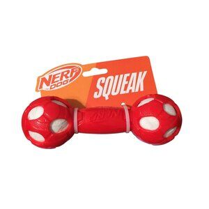 Nerf Dog Red Pink Squeak 7" Barbell White Balls